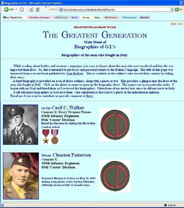 Screen shot of Greatest Generation page